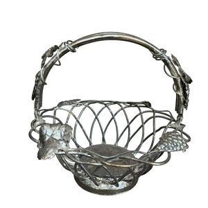 Godinger Silver Plate Open Weave Fruit Bread Bowl Movable Handle Vintage Grapes